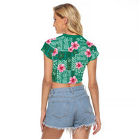 Cyan Hawaii Hibiscus With Tropical Flowers Motifs Raglan Cropped T Shirt - Polynesian Pride