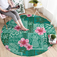 Cyan Hawaii Hibiscus With Tropical Flowers Motifs Round Carpet - Polynesian Pride