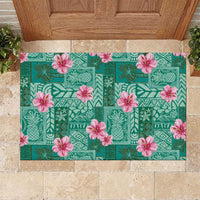 Cyan Hawaii Hibiscus With Tropical Flowers Motifs Rubber Doormat - Polynesian Pride