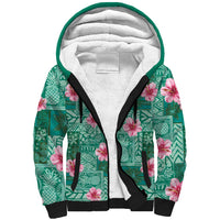 Cyan Hawaii Hibiscus With Tropical Flowers Motifs Sherpa Hoodie - Polynesian Pride