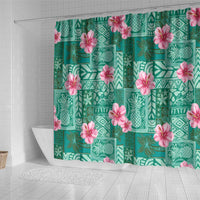 Cyan Hawaii Hibiscus With Tropical Flowers Motifs Shower Curtain - Polynesian Pride