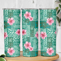 Cyan Hawaii Hibiscus With Tropical Flowers Motifs Skinny Tumbler - Polynesian Pride
