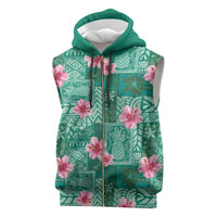 Cyan Hawaii Hibiscus With Tropical Flowers Motifs Sleeveless Zip Hoodie - Polynesian Pride