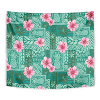 Cyan Hawaii Hibiscus With Tropical Flowers Motifs Tapestry - Polynesian Pride