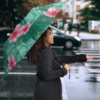 Cyan Hawaii Hibiscus With Tropical Flowers Motifs Umbrella - Polynesian Pride