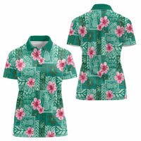 Cyan Hawaii Hibiscus With Tropical Flowers Motifs Women Polo Shirt - Polynesian Pride
