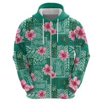 Cyan Hawaii Hibiscus With Tropical Flowers Motifs Zip Hoodie - Polynesian Pride