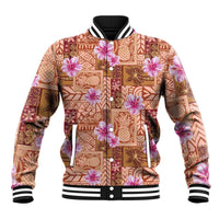 Orange Hawaii Hibiscus With Tropical Flowers Motifs Baseball Jacket - Polynesian Pride