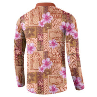 Orange Hawaii Hibiscus With Tropical Flowers Motifs Button Sweatshirt - Polynesian Pride