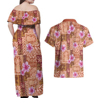 Orange Hawaii Hibiscus With Tropical Flowers Motifs Couples Matching Off Shoulder Maxi Dress and Hawaiian Shirt - Polynesian Pride