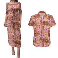 Orange Hawaii Hibiscus With Tropical Flowers Motifs Couples Matching Puletasi and Hawaiian Shirt - Polynesian Pride