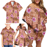 Orange Hawaii Hibiscus With Tropical Flowers Motifs Family Matching Off Shoulder Short Dress and Hawaiian Shirt - Polynesian Pride