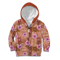 Orange Hawaii Hibiscus With Tropical Flowers Motifs Kid Hoodie - Polynesian Pride