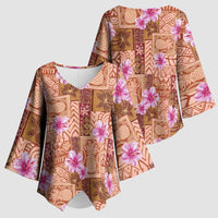 Orange Hawaii Hibiscus With Tropical Flowers Motifs Kimono Sleeve Blouse - Polynesian Pride