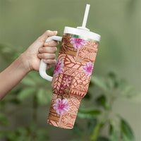 Orange Hawaii Hibiscus With Tropical Flowers Motifs Tumbler With Handle - Polynesian Pride