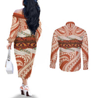 Aloha Hawaii Mikioi Lei Couples Matching Off The Shoulder Long Sleeve Dress and Long Sleeve Button Shirt Beige Tropical Flower Pattern - Polynesian Pride