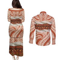 Aloha Hawaii Mikioi Lei Couples Matching Puletasi and Long Sleeve Button Shirt Beige Tropical Flower Pattern - Polynesian Pride