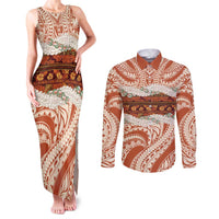 Aloha Hawaii Mikioi Lei Couples Matching Tank Maxi Dress and Long Sleeve Button Shirt Beige Tropical Flower Pattern - Polynesian Pride