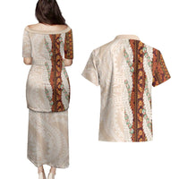 Aloha Hawaii Mikioi Lei Couples Matching Puletasi and Hawaiian Shirt Cattail Red Tropical Flower Pattern - Polynesian Pride