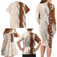 Aloha Hawaii Mikioi Lei Family Matching Long Sleeve Bodycon Dress and Hawaiian Shirt Cattail Red Tropical Flower Pattern - Polynesian Pride