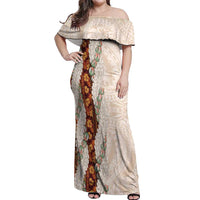Aloha Hawaii Mikioi Lei Off Shoulder Maxi Dress Cattail Red Tropical Flower Pattern - Polynesian Pride