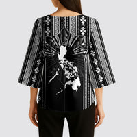 Mabuhay Philippines Festival Kimono Sleeve Blouse Filipino Map Black White Igorot Pattern LT14 - Polynesian Pride