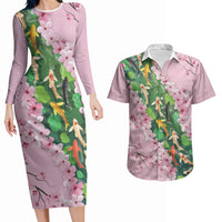 Koi Fish Sakura Japan Couples Matching Long Sleeve Bodycon Dress and Hawaiian Shirt Eternal Flow Cherry Blossom Seigaiha Pattern