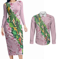Koi Fish Sakura Japan Couples Matching Long Sleeve Bodycon Dress and Long Sleeve Button Shirt Eternal Flow Cherry Blossom Seigaiha Pattern