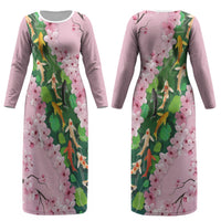 Koi Fish Sakura Japan Couples Matching Long Sleeve Bodycon Dress and Long Sleeve Button Shirt Eternal Flow Cherry Blossom Seigaiha Pattern