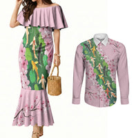 Koi Fish Sakura Japan Couples Matching Mermaid Dress and Long Sleeve Button Shirt Eternal Flow Cherry Blossom Seigaiha Pattern