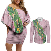 Koi Fish Sakura Japan Couples Matching Off Shoulder Short Dress and Long Sleeve Button Shirt Eternal Flow Cherry Blossom Seigaiha Pattern