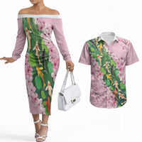 Koi Fish Sakura Japan Couples Matching Off The Shoulder Long Sleeve Dress and Hawaiian Shirt Eternal Flow Cherry Blossom Seigaiha Pattern