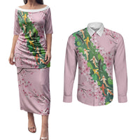 Koi Fish Sakura Japan Couples Matching Puletasi and Long Sleeve Button Shirt Eternal Flow Cherry Blossom Seigaiha Pattern