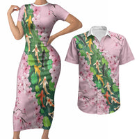 Koi Fish Sakura Japan Couples Matching Short Sleeve Bodycon Dress and Hawaiian Shirt Eternal Flow Cherry Blossom Seigaiha Pattern