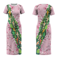 Koi Fish Sakura Japan Couples Matching Short Sleeve Bodycon Dress and Hawaiian Shirt Eternal Flow Cherry Blossom Seigaiha Pattern