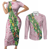 Koi Fish Sakura Japan Couples Matching Short Sleeve Bodycon Dress and Long Sleeve Button Shirt Eternal Flow Cherry Blossom Seigaiha Pattern