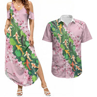 Koi Fish Sakura Japan Couples Matching Summer Maxi Dress and Hawaiian Shirt Eternal Flow Cherry Blossom Seigaiha Pattern