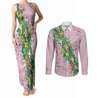 Koi Fish Sakura Japan Couples Matching Tank Maxi Dress and Long Sleeve Button Shirt Eternal Flow Cherry Blossom Seigaiha Pattern