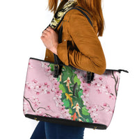 Koi Fish Sakura Japan Leather Tote Bag Eternal Flow Cherry Blossom Seigaiha Pattern