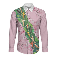 Koi Fish Sakura Japan Long Sleeve Button Shirt Eternal Flow Cherry Blossom Seigaiha Pattern