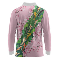 Koi Fish Sakura Japan Long Sleeve Polo Shirt Eternal Flow Cherry Blossom Seigaiha Pattern