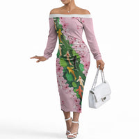 Koi Fish Sakura Japan Off The Shoulder Long Sleeve Dress Eternal Flow Cherry Blossom Seigaiha Pattern