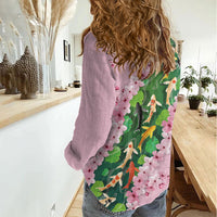 Koi Fish Sakura Japan Women Casual Shirt Eternal Flow Cherry Blossom Seigaiha Pattern