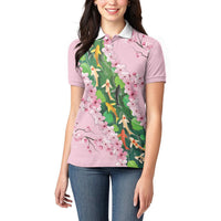 Koi Fish Sakura Japan Women Polo Shirt Eternal Flow Cherry Blossom Seigaiha Pattern