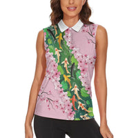 Koi Fish Sakura Japan Women Sleeveless Polo Shirt Eternal Flow Cherry Blossom Seigaiha Pattern