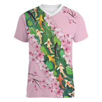 Koi Fish Sakura Japan Women V-Neck T-Shirt Eternal Flow Cherry Blossom Seigaiha Pattern