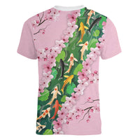 Koi Fish Sakura Japan Women V-Neck T-Shirt Eternal Flow Cherry Blossom Seigaiha Pattern