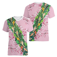 Koi Fish Sakura Japan Women V-Neck T-Shirt Eternal Flow Cherry Blossom Seigaiha Pattern