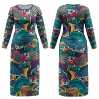 Japan Koinobori Couples Matching Long Sleeve Bodycon Dress and Hawaiian Shirt Japanese Koi Flag Waves Pattern