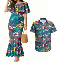 Japan Koinobori Couples Matching Mermaid Dress and Hawaiian Shirt Japanese Koi Flag Waves Pattern